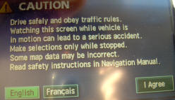 Toyota Prius navigation start-up warning screen