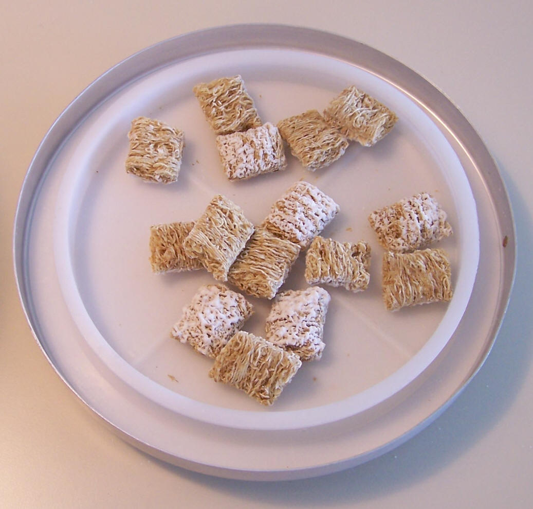 Bite-size Shredded Wheats in lid of bowl, ready for breakfastic consumption