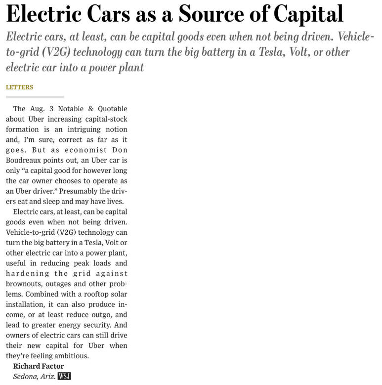 Letter to Wall Street Journal about electric car "capital"
