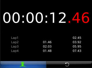 BlackBerry Storm stopwatch screen showing "lap times"