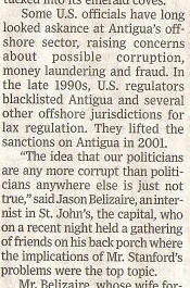 WSJ Article on Stanford scandal and Antigua - 23 Feb. 2009