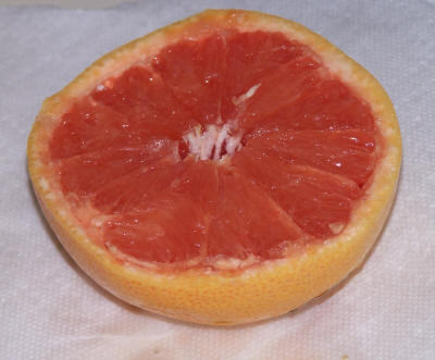 Grapefruit half.  Slows the metabolization  of statins.