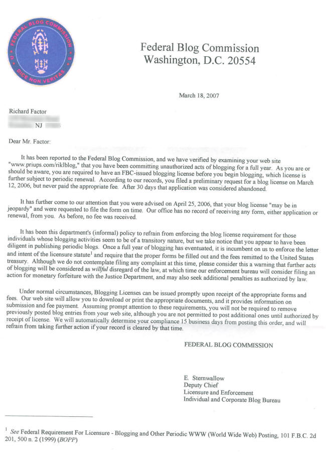 Federal Blog Commission letter to RIKLblog - 18 March 2007