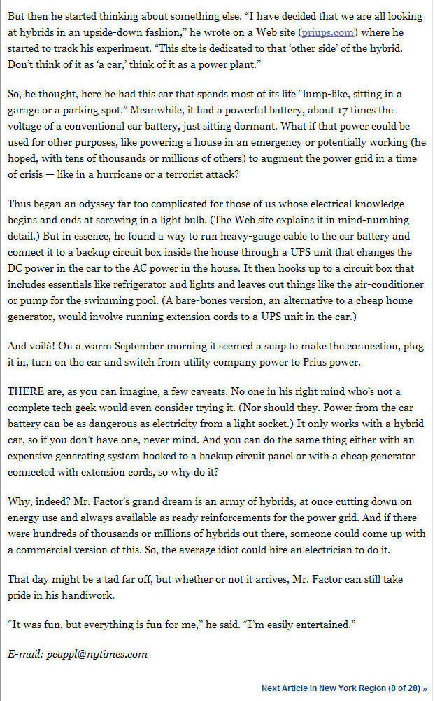 NY Times areticle Sept 2009 - Peter Applebome on the PriUPS project - part 1
